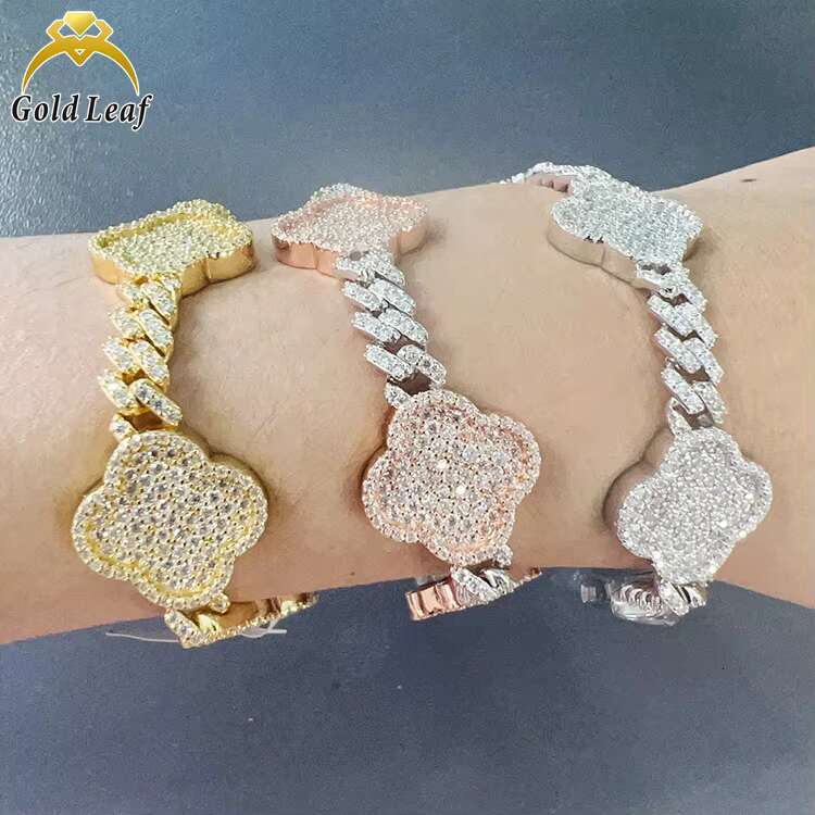 Luxury Moissanite Chain Bracelet Hot New Hip Hop Style Iced out Lucky Flower Cuban Link Gold Bracelet
