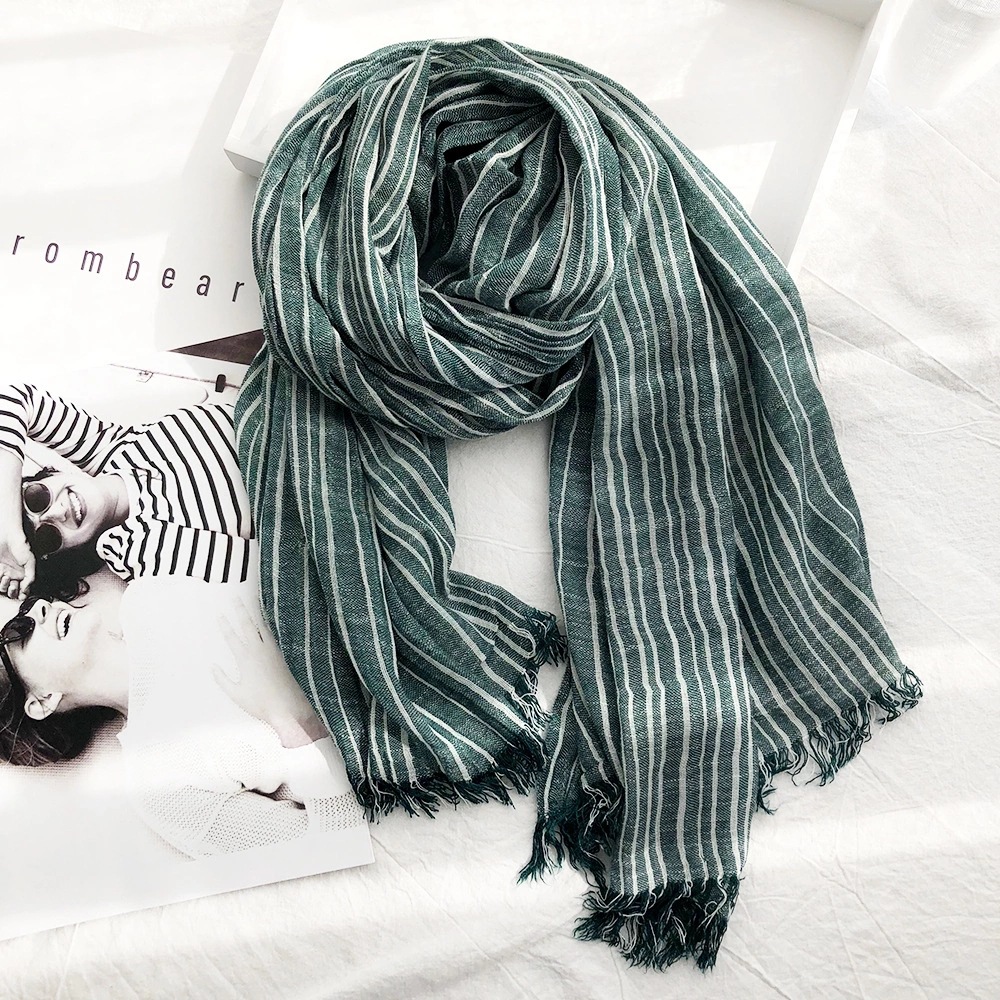 K245 Autumn and winter striped cotton and linen scarf for women classic casual silk scarf for men new pleated literary retro