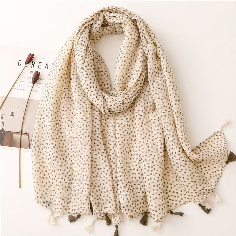 T368 autumn and winter new soft cotton and linen scarf Japanese retro small flower thick warm shawl handmade tassel silk scarf