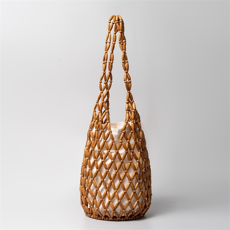 Women Woven hand bag summer hollow-out wooden bead tote bucket shoulder bag female Reticulate netted canvas beach handbag 250327