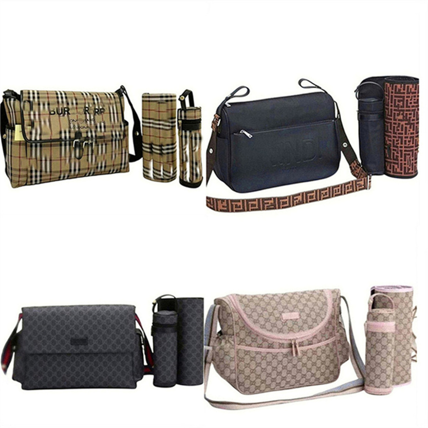Designer diaper Waterproof Mom Bag 3 set Diaper bag Baby Zipper Brown plaid print a75P1