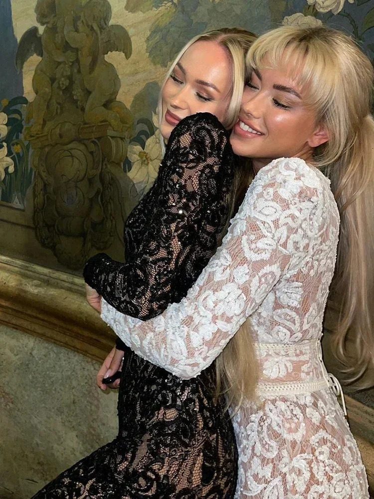 Fashion Lace Sequin Jumpsuit For Women Spring Elegant Round Neck Overall With Belt Female Chic Long Sleeve Lady Streetwear 250328