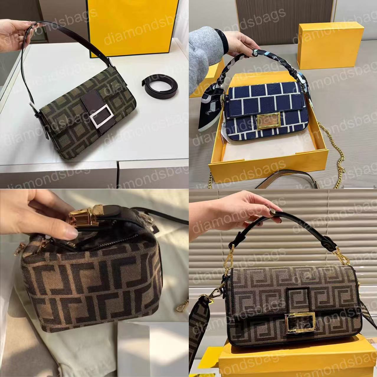 Designer Brand Women's Canvas Baguette Bag Adjustable Shoulder Strap Gold Clasp Flap Closure Crossbody Top Handle Underarm Bag