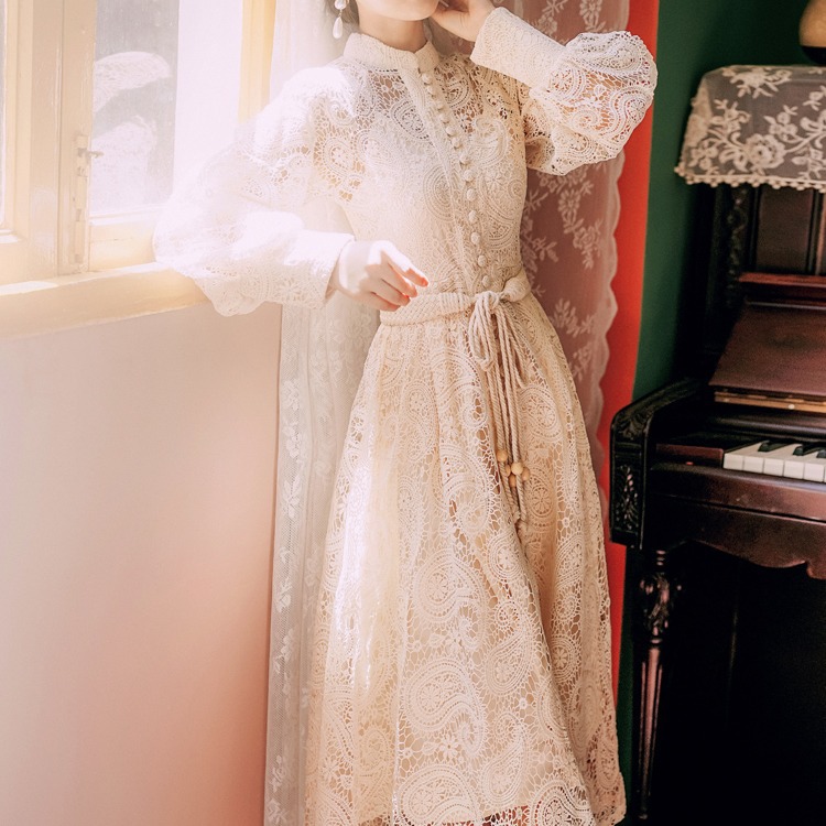 Casual Dresses 2025 Spring/Summer New Fairy Style Lace Hollow Lantern Long Sleeve Slim Tie up Long Dress