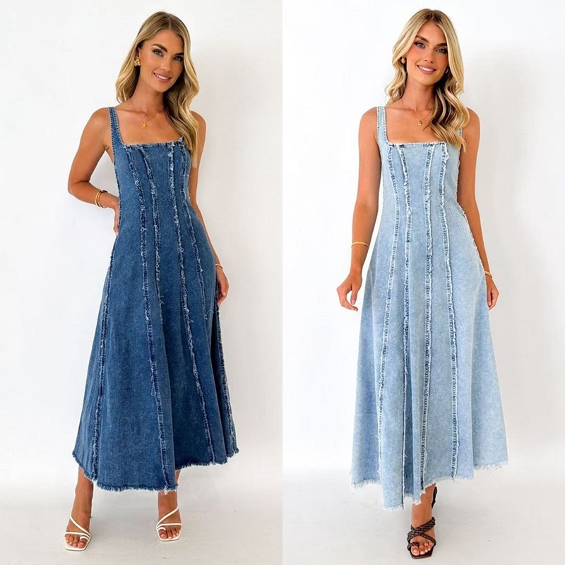 D42110 High Quality Women's Temperament Slim Denim Dress Retro Style Long Swing Suspender Dress