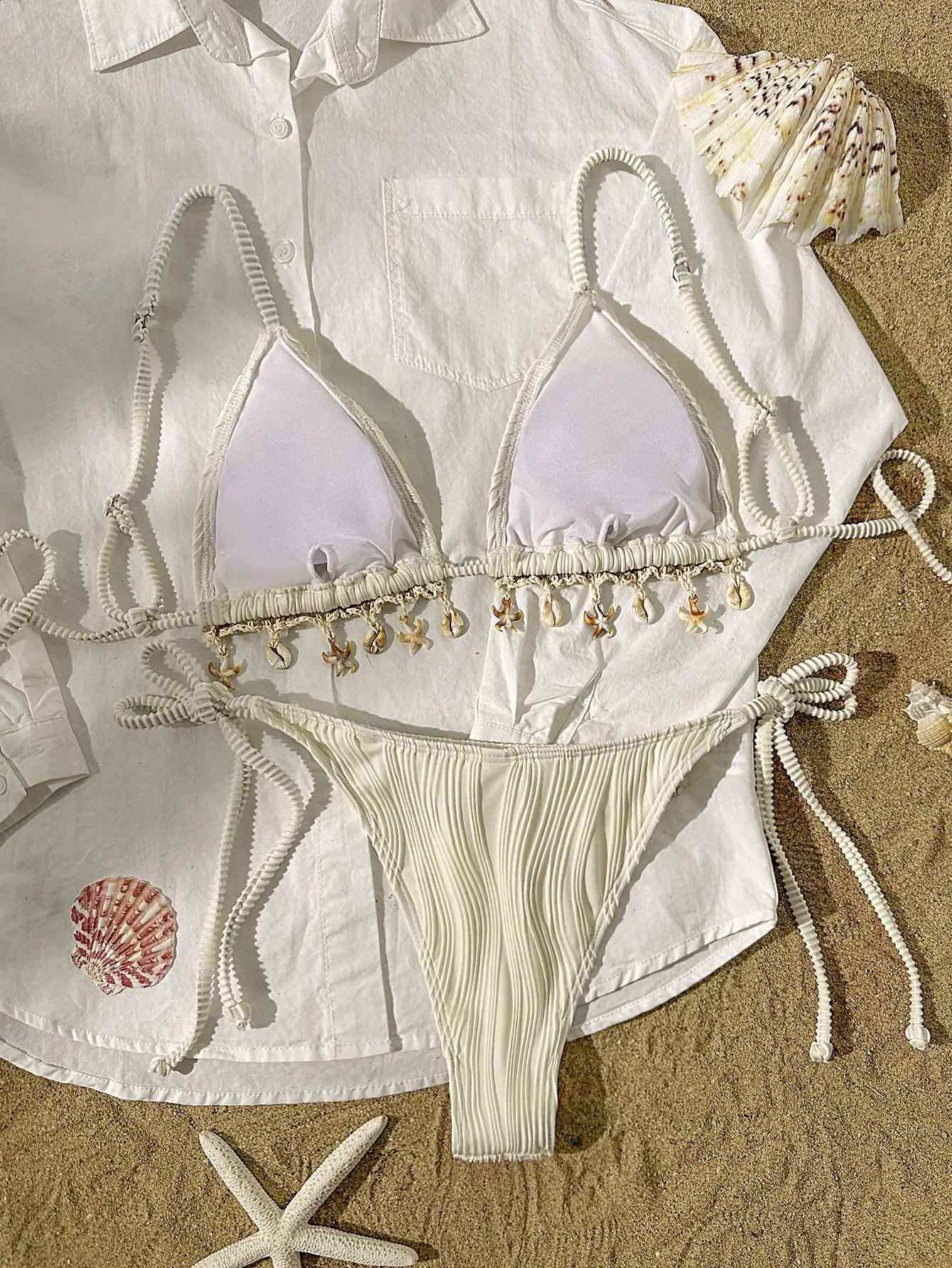 Peachtan Womens Solid Color Texture Fabric Shell Ribbon Triangle Cup Bikini Set Beach Voiceover w250327