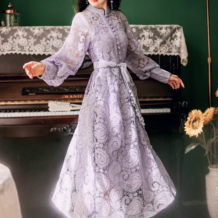Casual Dresses 2025 Spring/Summer New Fairy Style Lace Hollow Lantern Long Sleeve Slim Tie up Long Dress