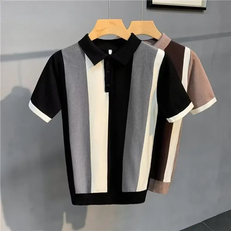 Summer Mens Polo Shirt Korean Edition Retro Stripe Unique Zipper Half Sleeve Ice Silk Knitted Top Casual T-shirt 250327