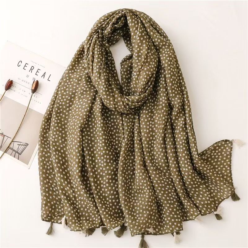 T368 autumn and winter new soft cotton and linen scarf Japanese retro small flower thick warm shawl handmade tassel silk scarf