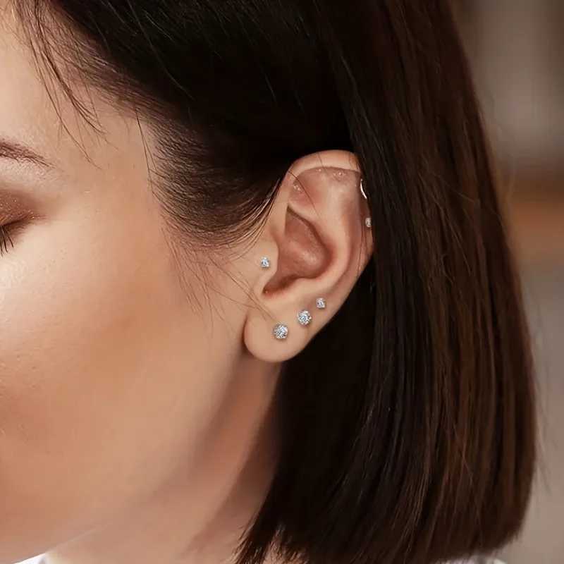 7 pieces/set stainless steel crystal flat stud womens mens bar screw back groove round transparent cubic zirconia perforated earrings jewelryXJ250327