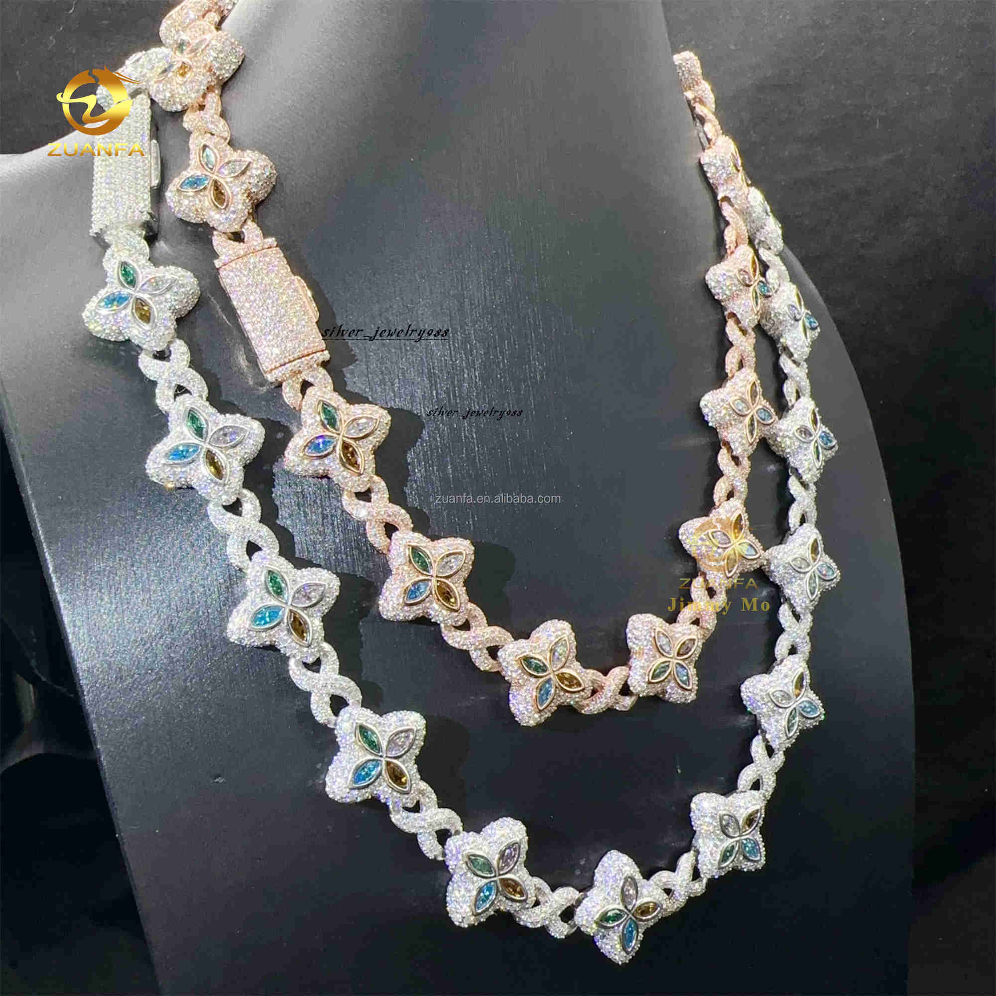 New Luxury Man Rapper Style Jewelry Iced Out Hip Hop VVS1 Fancy Moissanite Diamond Four Flowers Infinity Miami Cuban Link
