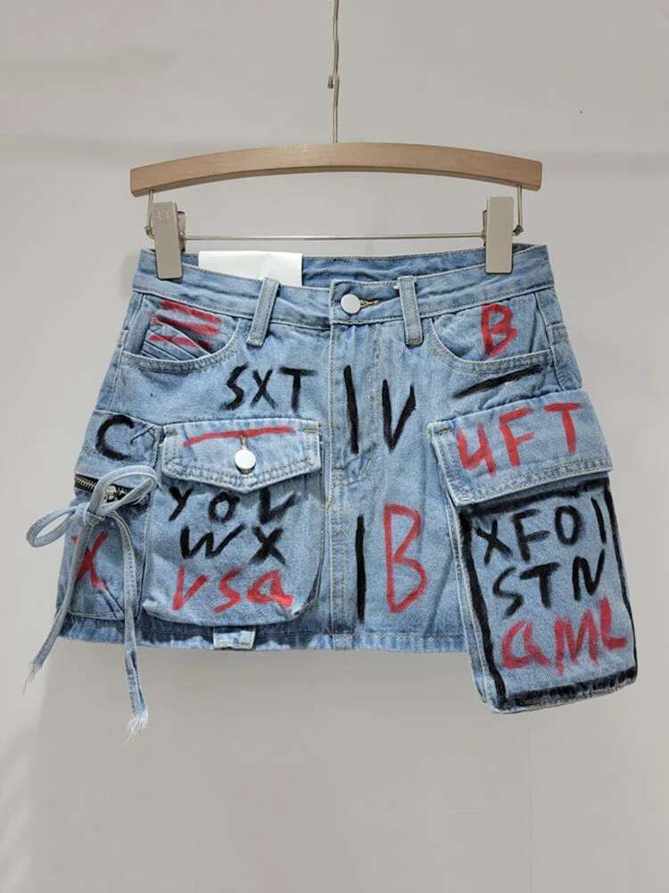 Trendy Vintage Women's Print Letter Pocket Mini Denim Skirts Spring Fashion New Items High Waist Skirt Female