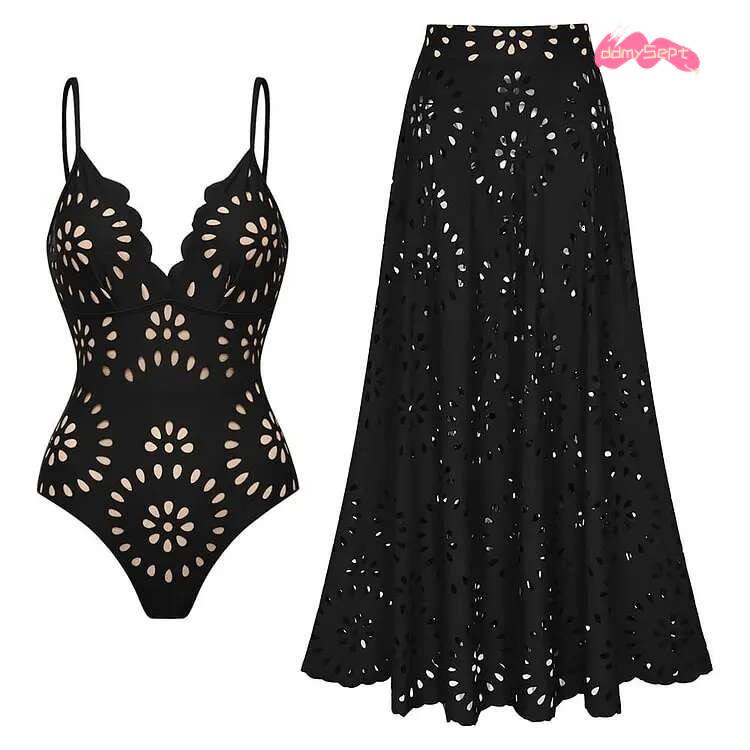 FLAXMAKER wer Hollow One Piece Swimsuit and Skirt Women Beachwear Bathing Suit ddmySept
