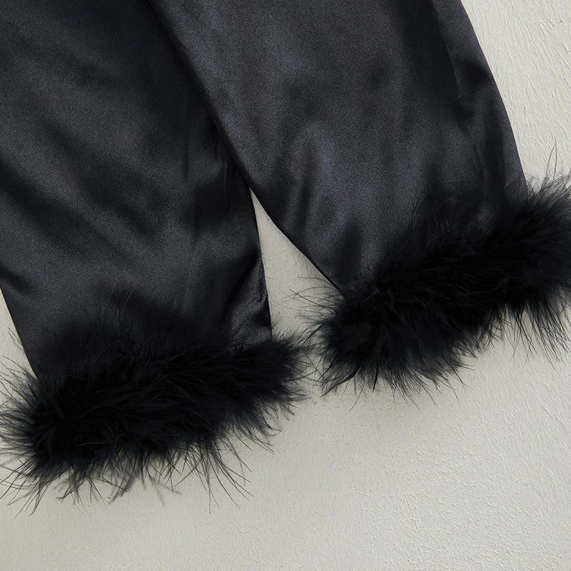 Children Kids Baby Girls Satin Pyjamas Set Baby Sleepwear Pijama Solid Feather Trim Long Sleeve Shirts Pants Pajamas Loungewear 250328