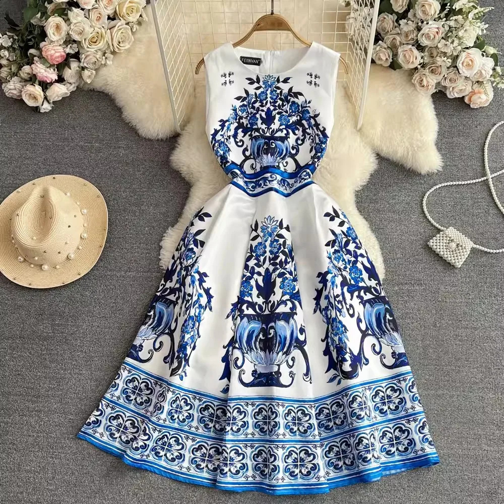 Summer Vintage Blue And White Porcelain Dresses Womens Sleeveless O Neck Tank Flower Print Vest Midi Long Party Vestidos 250327