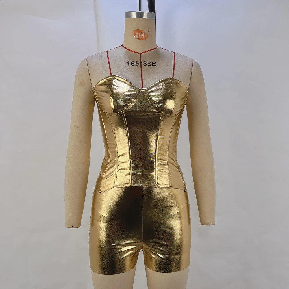 Spring And Summer leather metal color shaping and strapless casual shorts twopiece set for women 250311