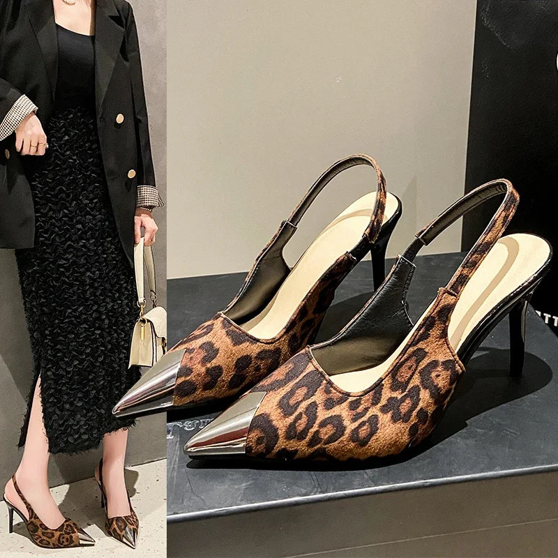 Summer High Heel Women Leopard Sandals Fashion Pointed Toe Singbacks Shoes Ladies Elegant Dancing Party Pumps 250327