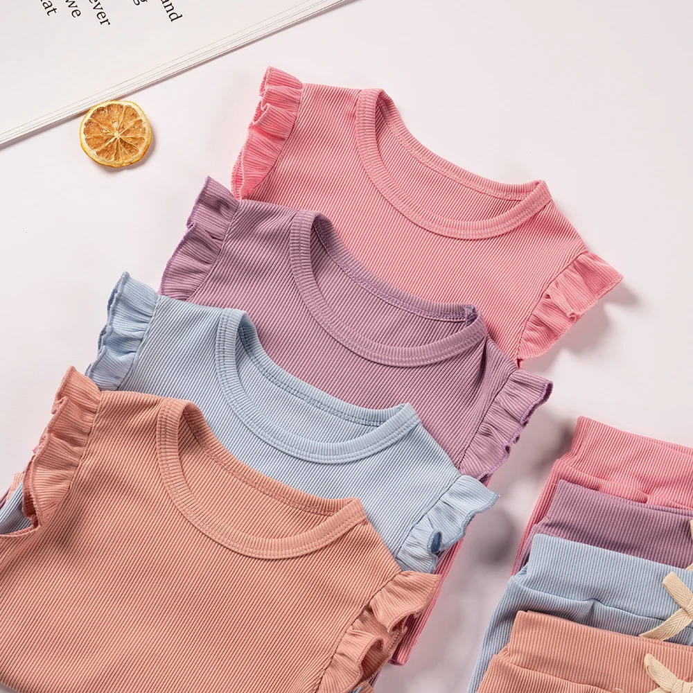 2 Piece Summer Suit for Preschool Girls Solid Color Casual Short Sleeve Shorts for Girls Comfortable and Soft Clothes 250328