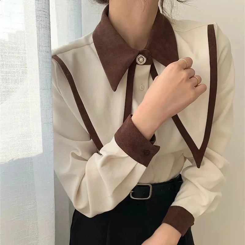 MEXZT Vintage Chiffon Shirts Women Elegant Patchwork Long Sleeve Blouses Office Lady Korean Black Turn Down Collar Casual Tops250324bj