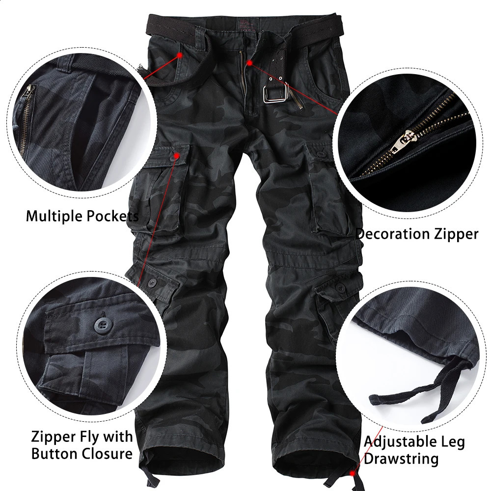 AKARMY Mens Cargo Pants Camo Pants Cotton Casual Work Hiking Pants with 8 Pockets Wild Hiking Pants No Belt 250327