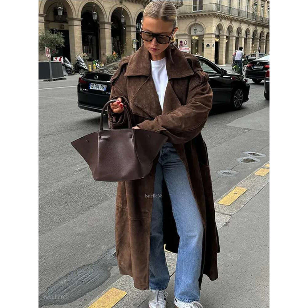 Fashion Brown Lapel Single Breasted Suede Leather Jackets For Women Chic Oversized Pockets Cropped Overcoat Lady Streetwear 241114