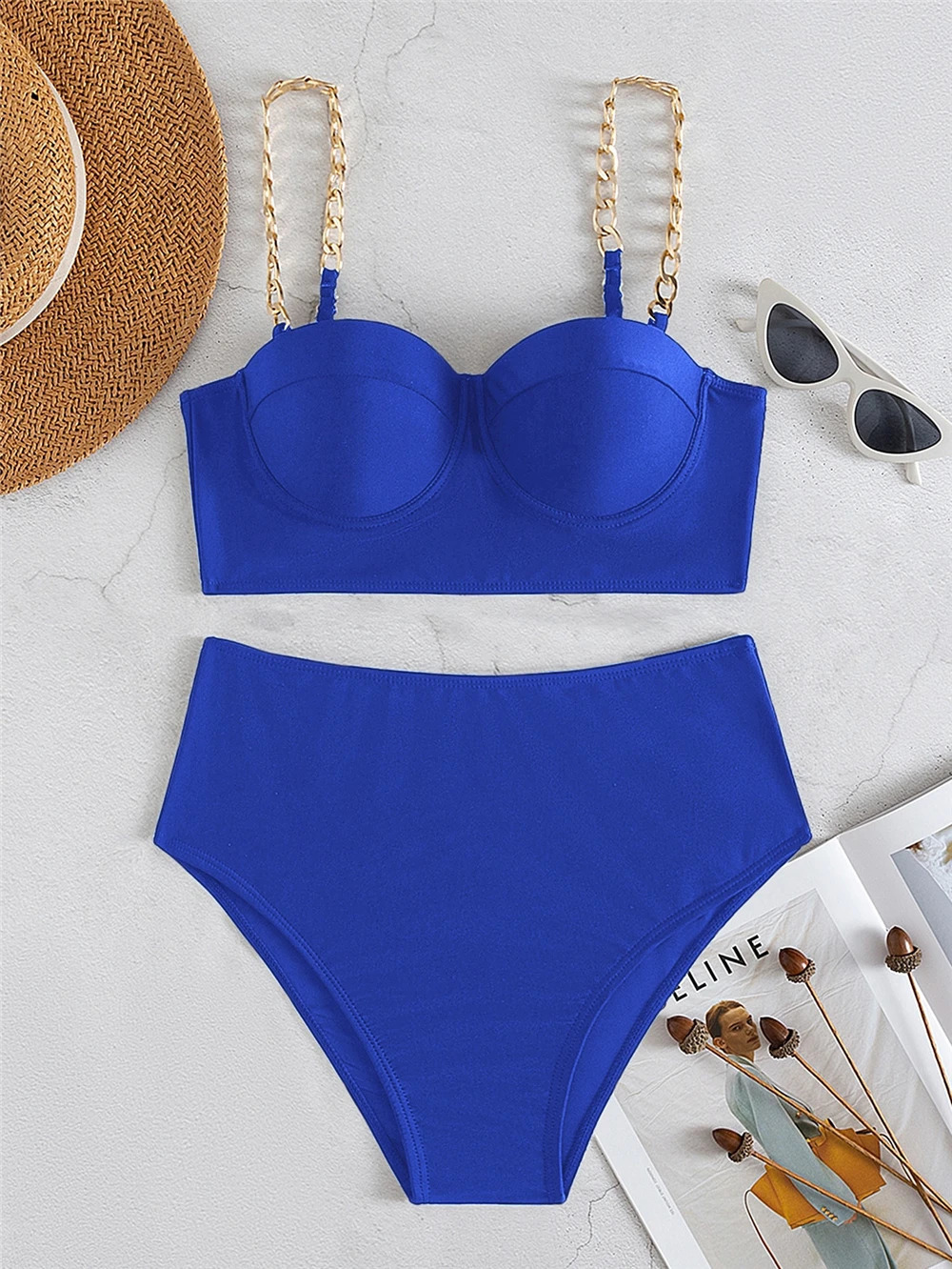 Chain Strap Bikini womens solid push up swimsuit high waist sexy summer 250409