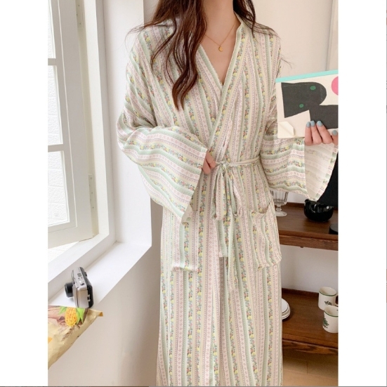Sleeping Robe Female Ins Early Spring Recommended Striped ral Casual Satin Home Clothing Belt