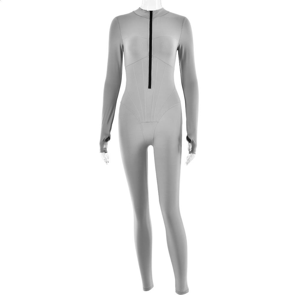 Sibybo Basic Solid Color Long Sleeve Skinny Jumpsuits Sexy Deep V Zipper Slim Leggings Fashion Autumn And Winter Women Clothes 241105