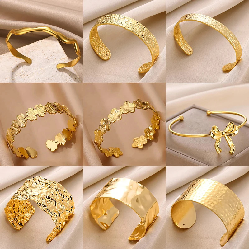 Vintage Flower Cuff Bracelet Bangle for Women Gold Color Flora Stainless Steel Bangles Casting Aesthetic Couple Wrist Jewelry 250322