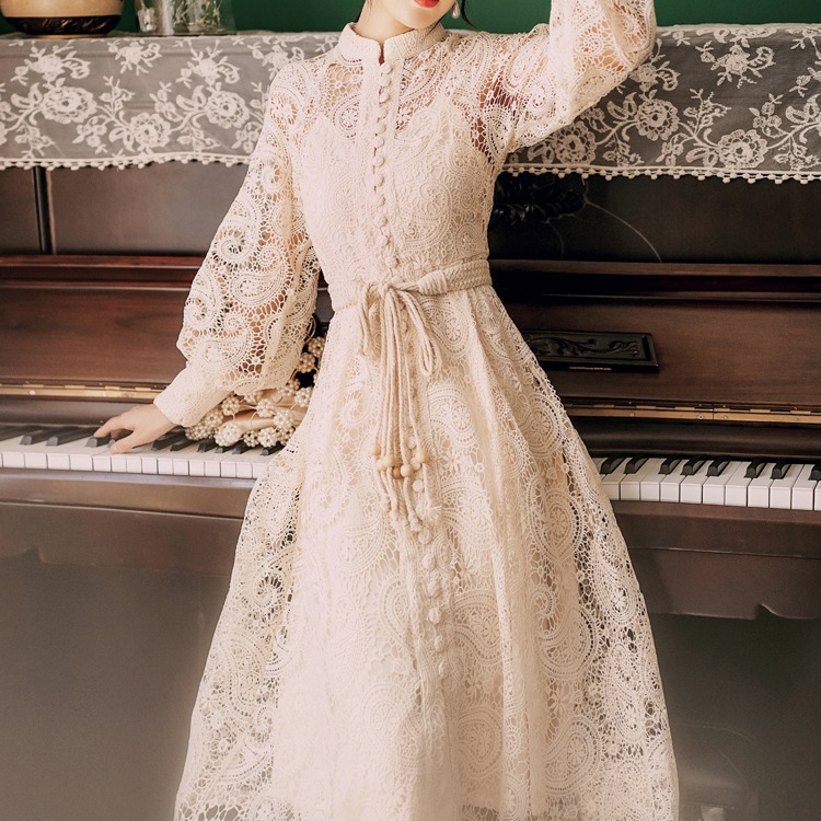 Casual Dresses 2025 Spring/Summer New Fairy Style Lace Hollow Lantern Long Sleeve Slim Tie up Long Dress