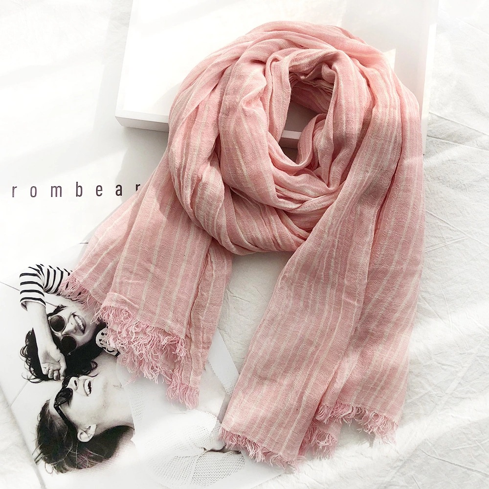 K245 Autumn and winter striped cotton and linen scarf for women classic casual silk scarf for men new pleated literary retro
