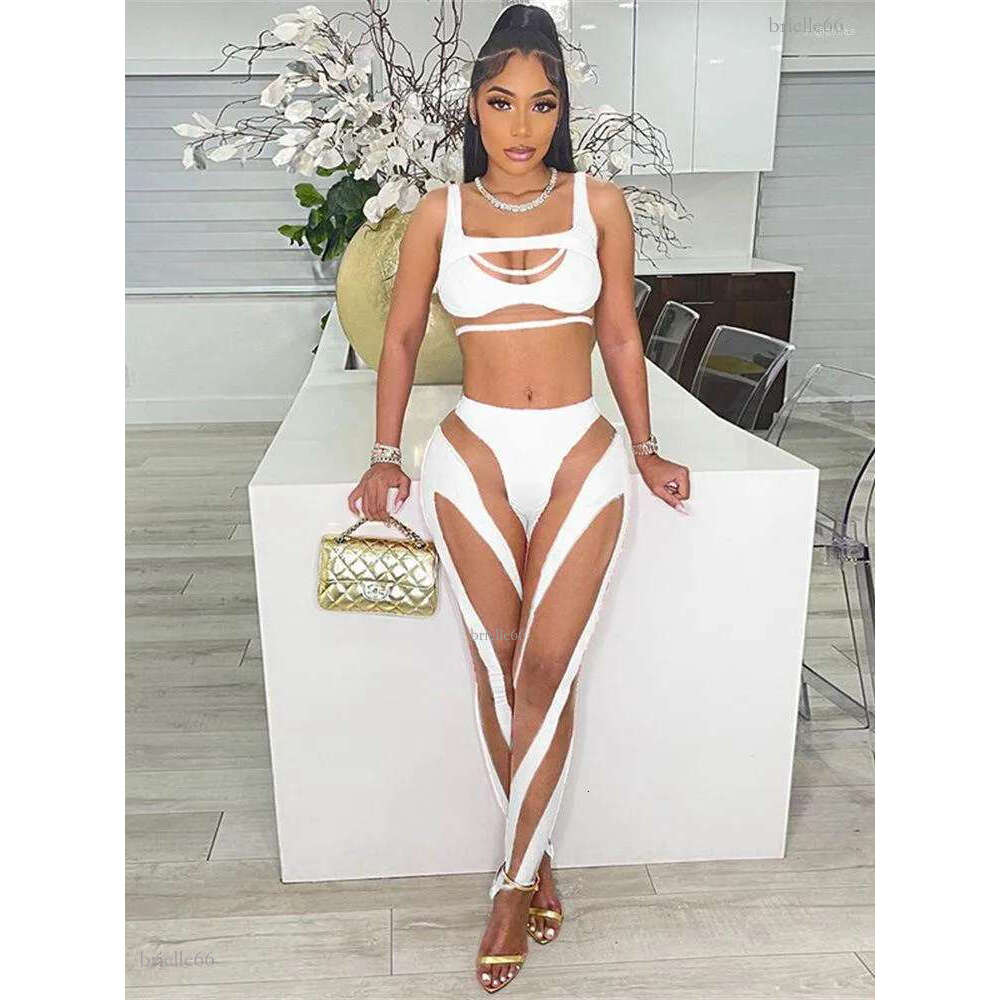 Women's Two Piece Pants Sexy Hollow Perspective Mesh Splicing Vest High Waist Casual Set Women 2022 Summer Bodycon Party Club Outfits Female
