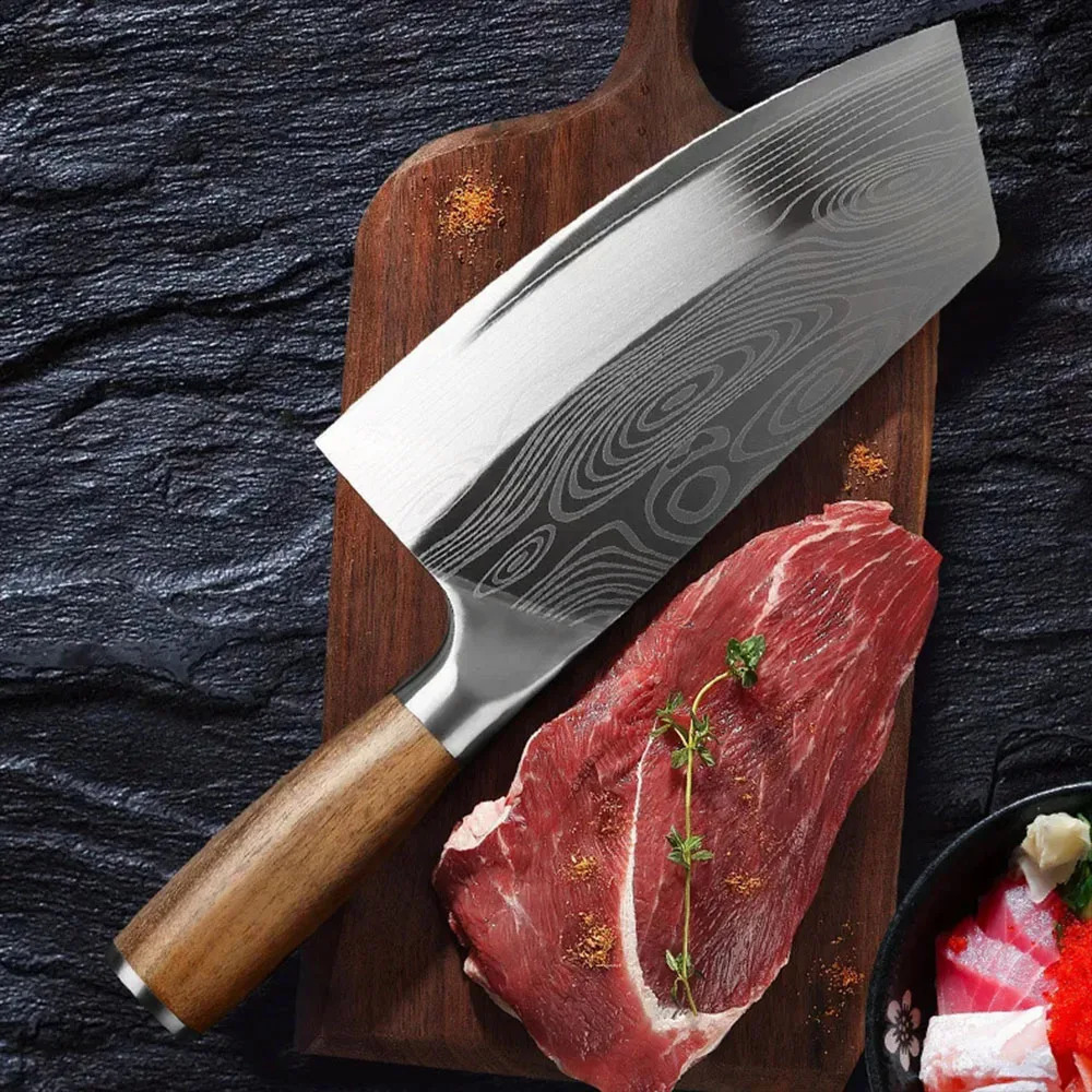 Professional Cleaver Knives Heavy Duty Chinese Knife Wooden Handle Laser Damascus Knife Cleaver Meat Chicken Fish Kitchen Knife 250327