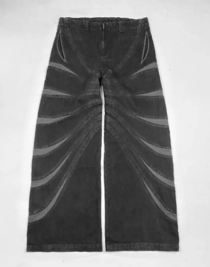 Mens Jeans Y2K American High Street Wave Texture Design Men Retro Old Washed Loose Straight Pants Wide-leg Clothes