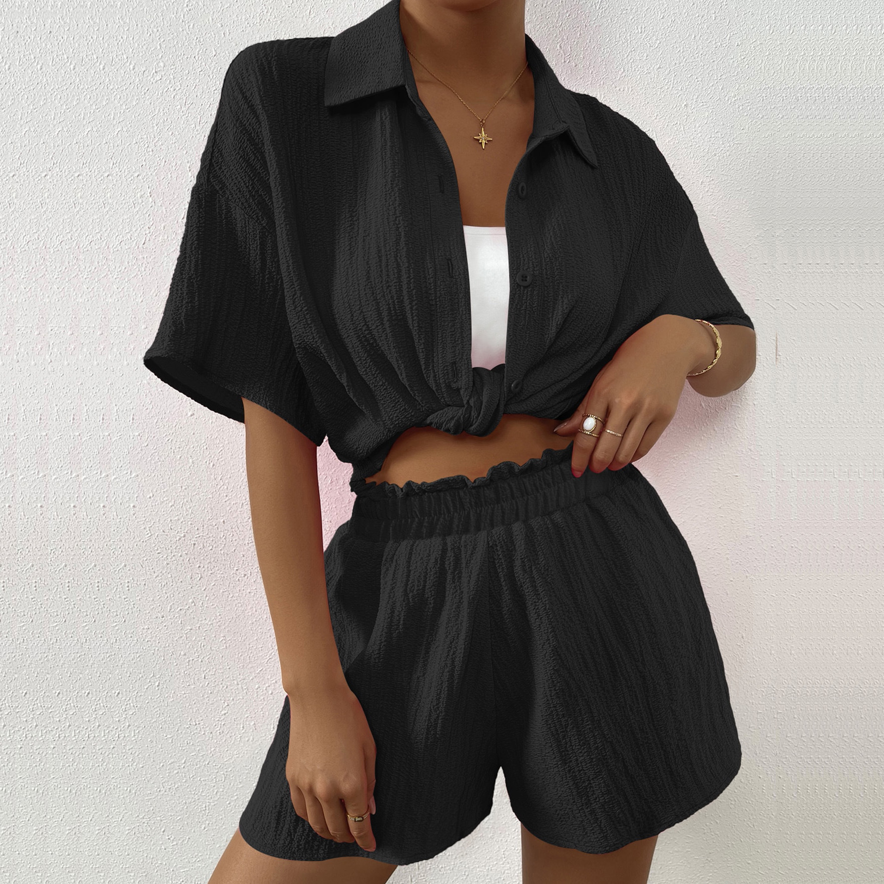 Summer women's set fashionable casual shorts short sleeved top shirt button up cardigan casual set
