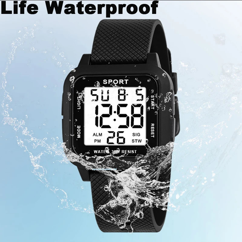 YIKAZE Black Sports Watch Mens Digital Watch Alarm Chrono Clock 3Bar Waterproof Military Men Watches LED Electronic Wristwatch 250328