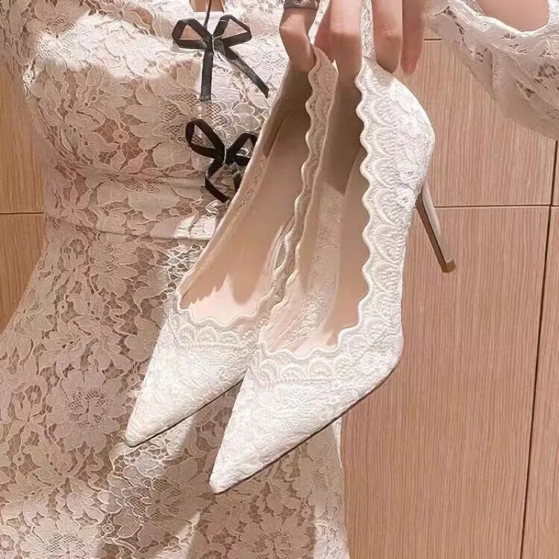 Bridal White Lace Stiletto High Heels Womens Party Corner Toe Mesh Shallow Pump Leather Official Wedding Shoes 250326
