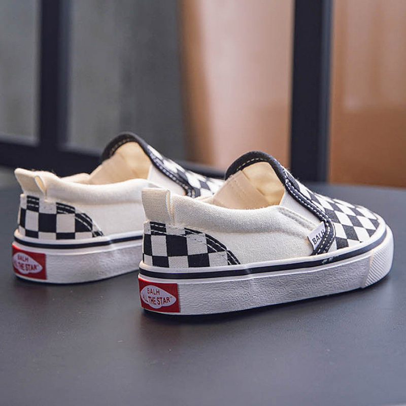 2025 Kid Canvas Shoes White and Black Plaid Checkered Casual Sneakers Toddler Soft Sole Fashion Shoes for Boys Girls Size US4c-US4y H0181