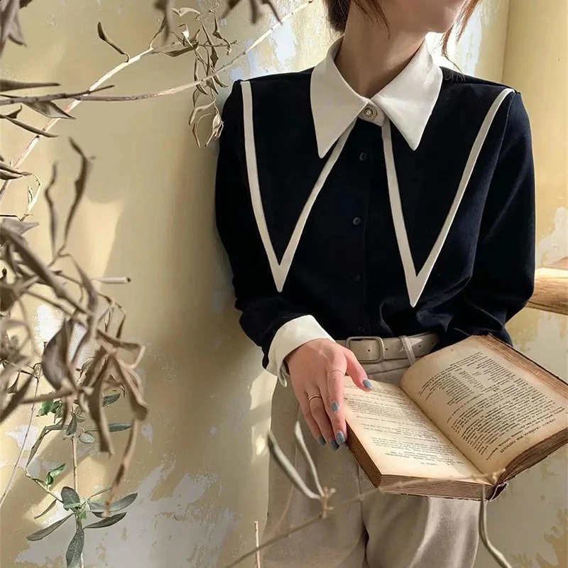MEXZT Vintage Chiffon Shirts Women Elegant Patchwork Long Sleeve Blouses Office Lady Korean Black Turn Down Collar Casual Tops250324bj