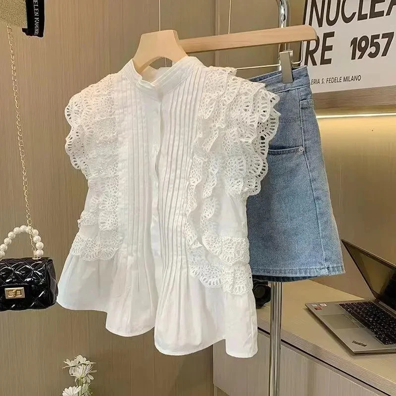 Sweet Ladys Sleeveless Shirts Blouses Korean Chic Stand Collar Womens White Shirt Tiered Ruffle Lace Patchwork Casual 250331