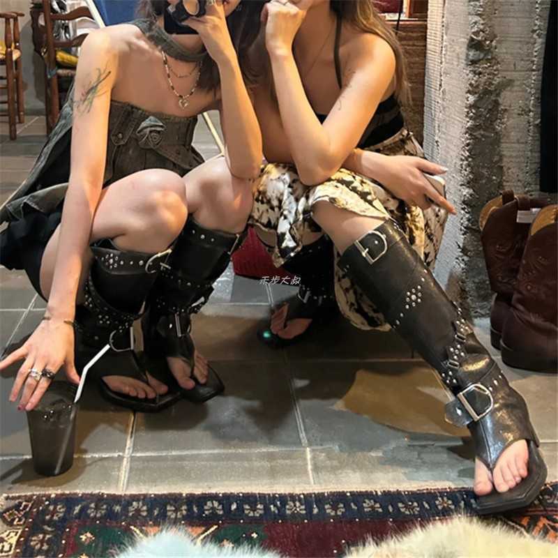 High-heeled Spice leather panty-tube boots Women's double-toed herringbone boots studded high-leg fashion boots J250328