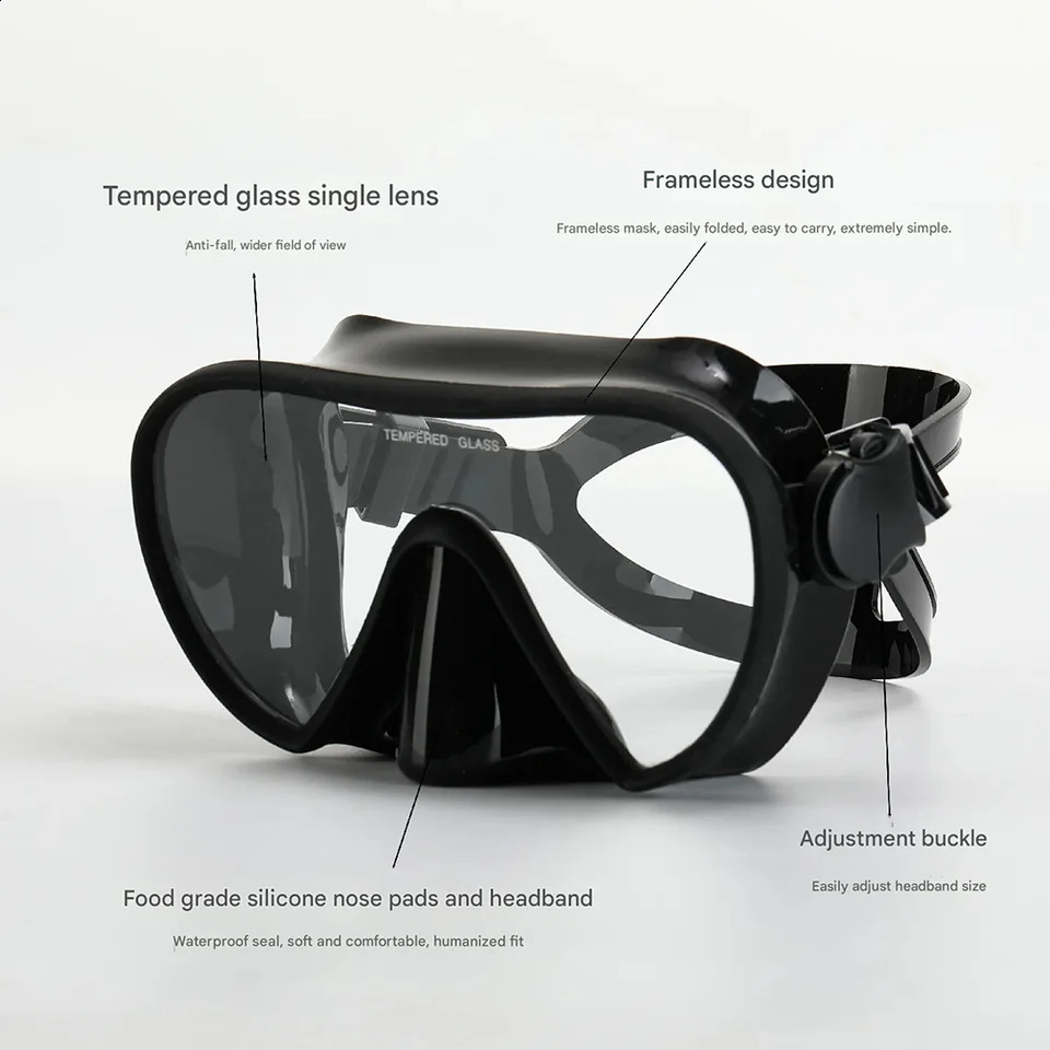 Frameless Diving Mask Wet Snorkel Set Low Internal Volume Pure Soft Silicone Swimming Training Diving Glasses Adjustable 250324
