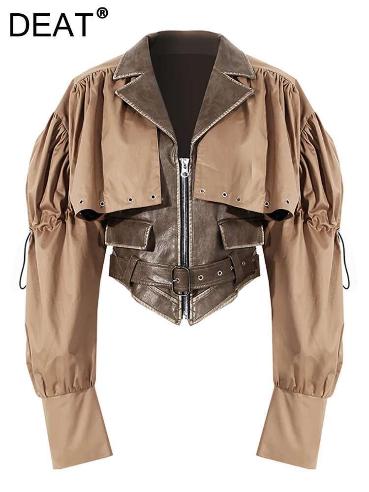 hoodie New Autumn And Winter Fashion Women Clothes Turn-Down Collar Full Sleeves Spliced PU Leather Patchwork Jacket jacket