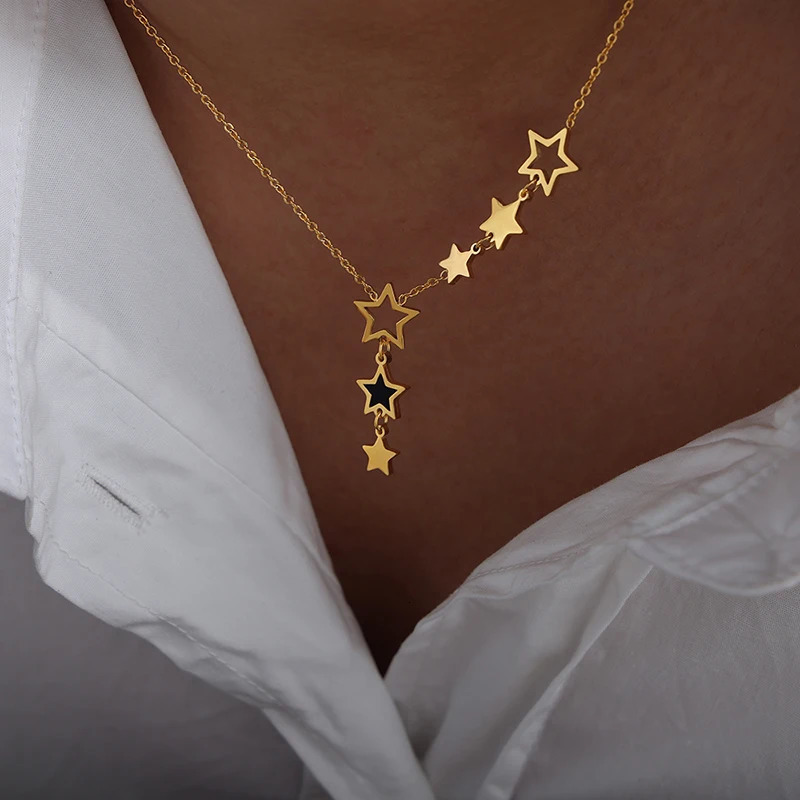 Trendy Star Pendant Necklace for Women High Quality Stainless Steel Gold Plated Chain Black Acrylic Fashion Jewelry Accesories 250327