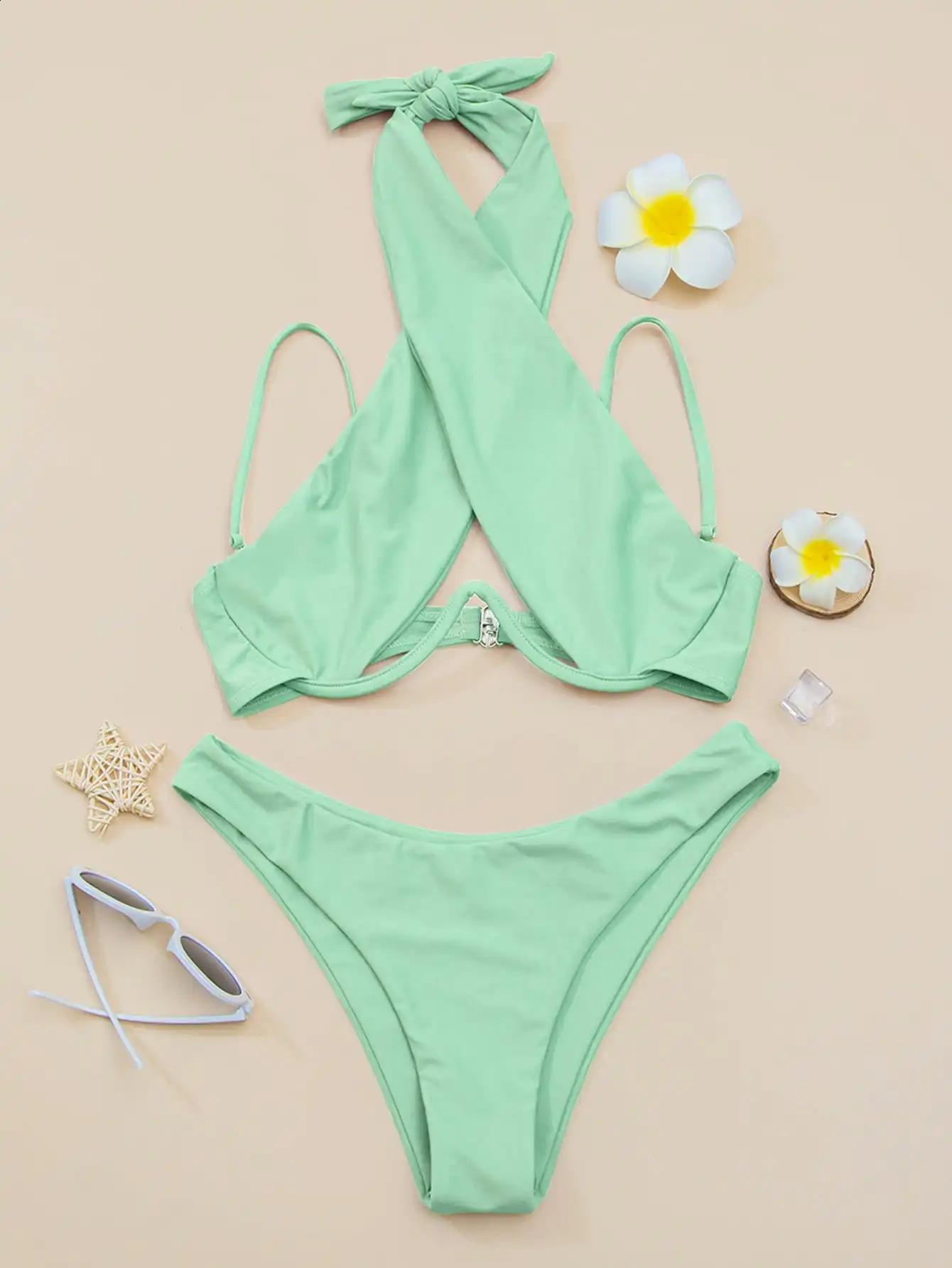 Cross Halter Underwire Bikini Womens Solid Push Up Swimsuit Bathroom Summer Beach Wear 250327