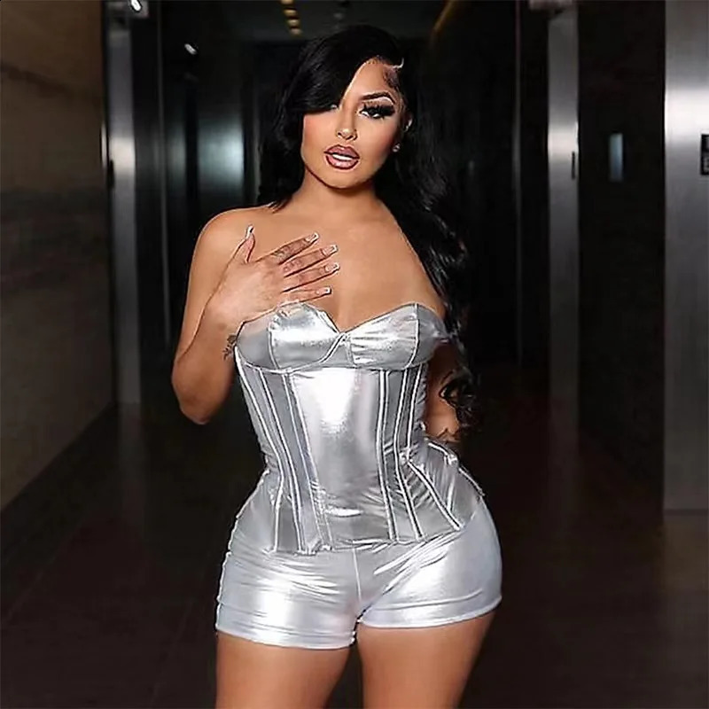 Spring And Summer leather metal color shaping and strapless casual shorts twopiece set for women 250311
