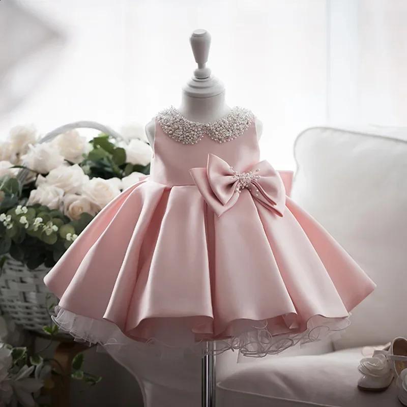 Baby Girl Dress Bow 1 Year Birthday White Wedding Satin Princess Evening Party Christening Dress Wednesday Costume Girls 250327