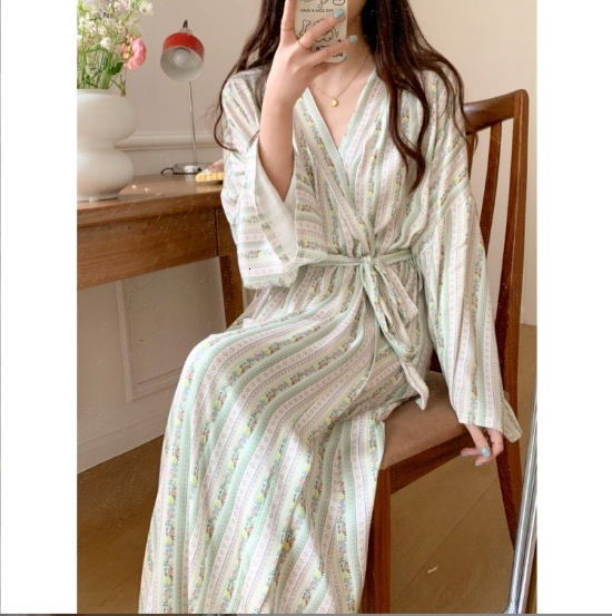 Sleeping Robe Female Ins Early Spring Recommended Striped ral Casual Satin Home Clothing Belt