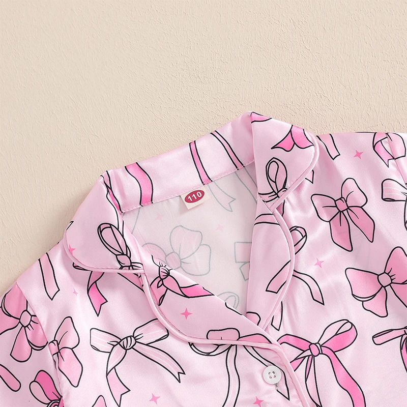 Girls Summer Pajama Set with Cute Bow Print Short Sleeve Shirt and Elastic Waist Shorts for Comfortable Sleepwear Loungewear 250328