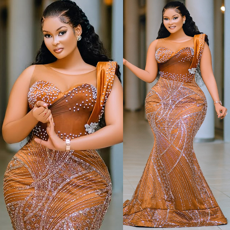 2025 Plus Size Aso Ebi Prom Dress Mermaid Prom Dresess Evening Formal Gowns Sheer Neck Crystals Beaded Lace Birthday Second Reception Gown For Black W
